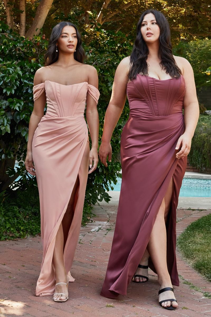 Dusty Rose Off-The-Shoulder Floor-Length Satin Prom Dress Slit LaDivine 7484C