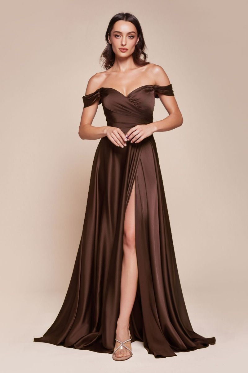 Off-the-Shoulder Floor-Length Satin Evening A-Line LaDivine 7493
