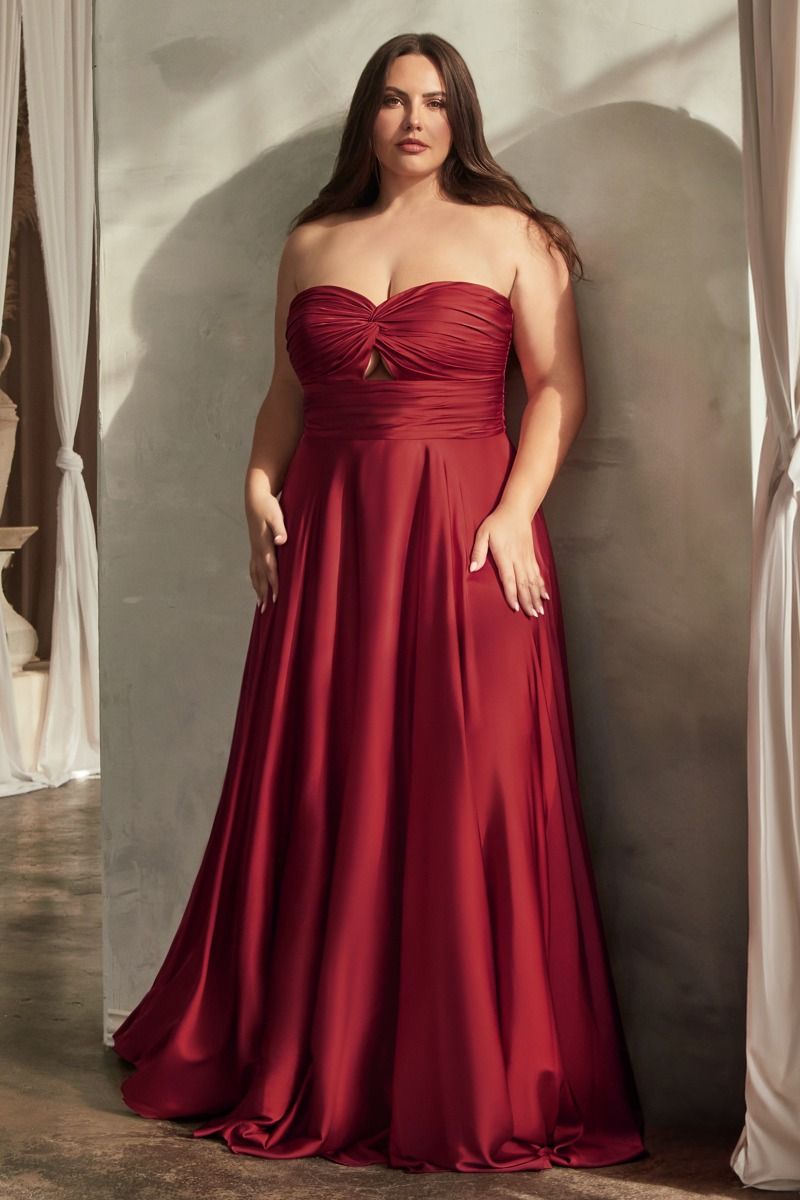 LaDivine 7496C Plus Size Long Formal Strapless Satin A Line Prom Dress