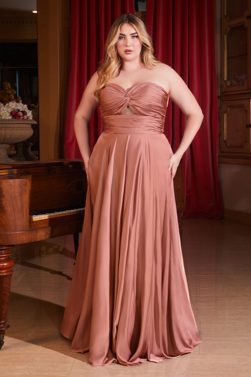LaDivine 7496C Plus Size Long Formal Strapless Satin A Line Prom Dress