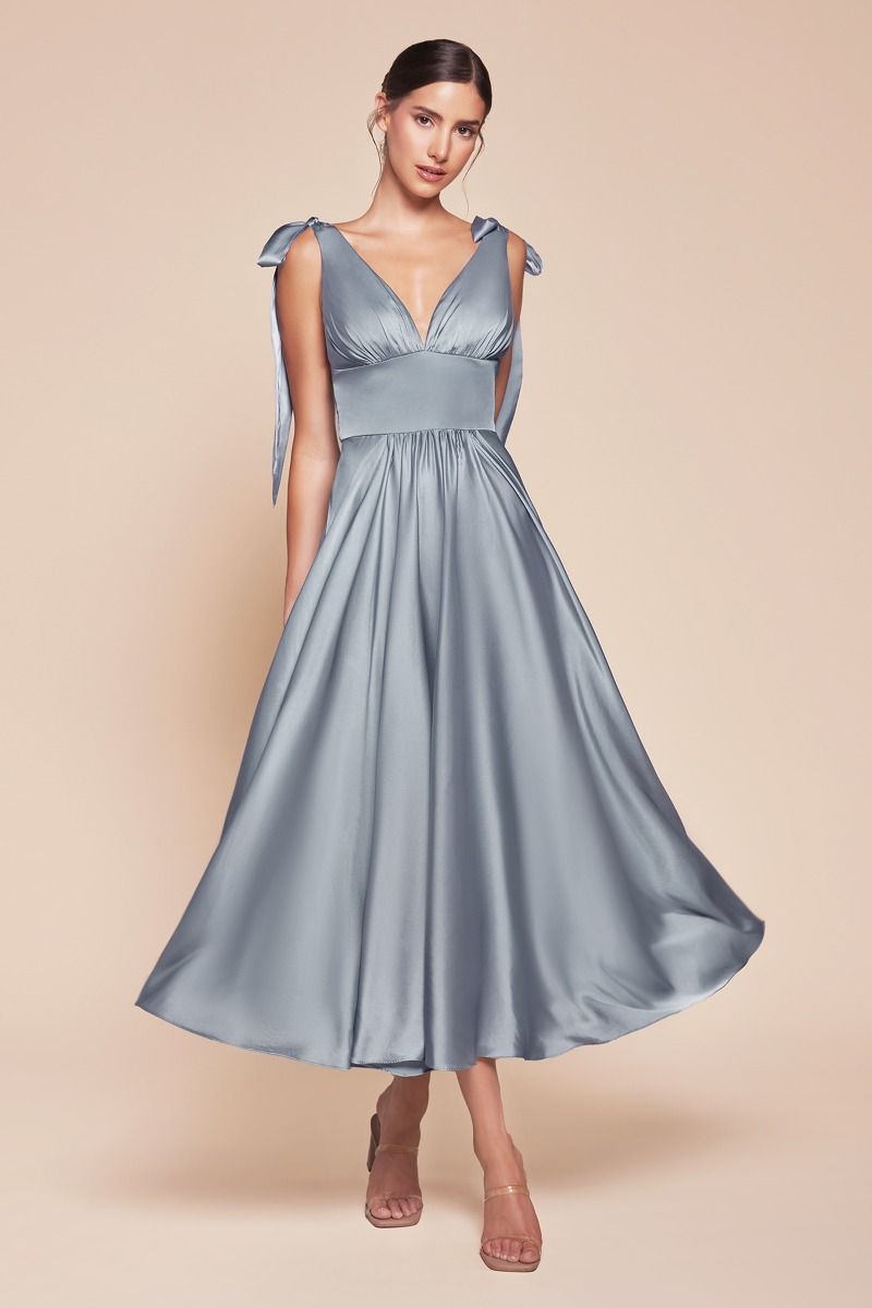 Dusty Blue Cinderella Divine 7499 A Line Formal Prom Tea Length Dress