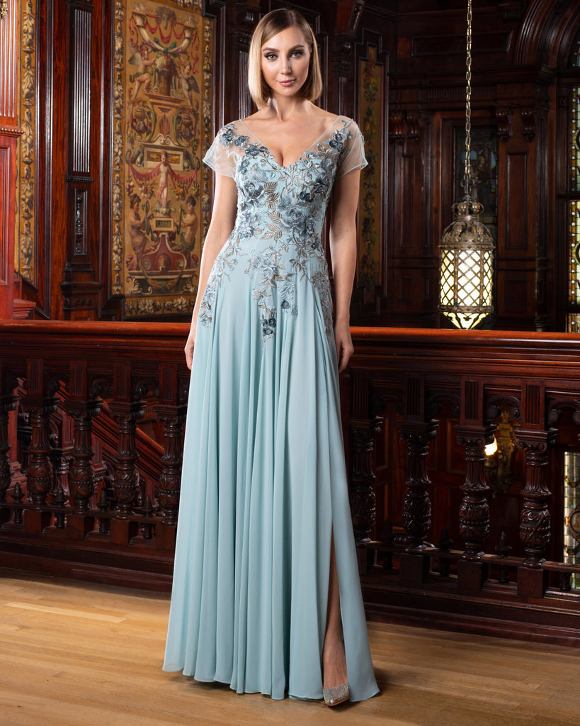 Alexander by Daymor 758 A Line Long Floral Formal Evening Dress - Putty / 12 Alexander by Daymor 758 A Line Long Floral Formal Evening Dress - Putty / 12