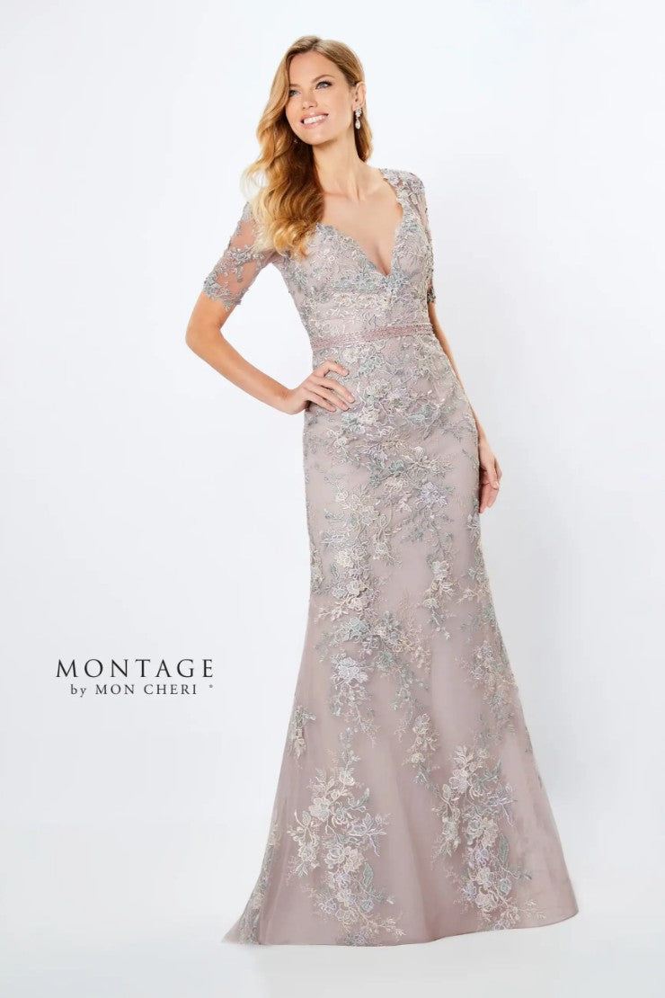 Montage 221961 Long Beaded Belt Lace Formal Evening Dress