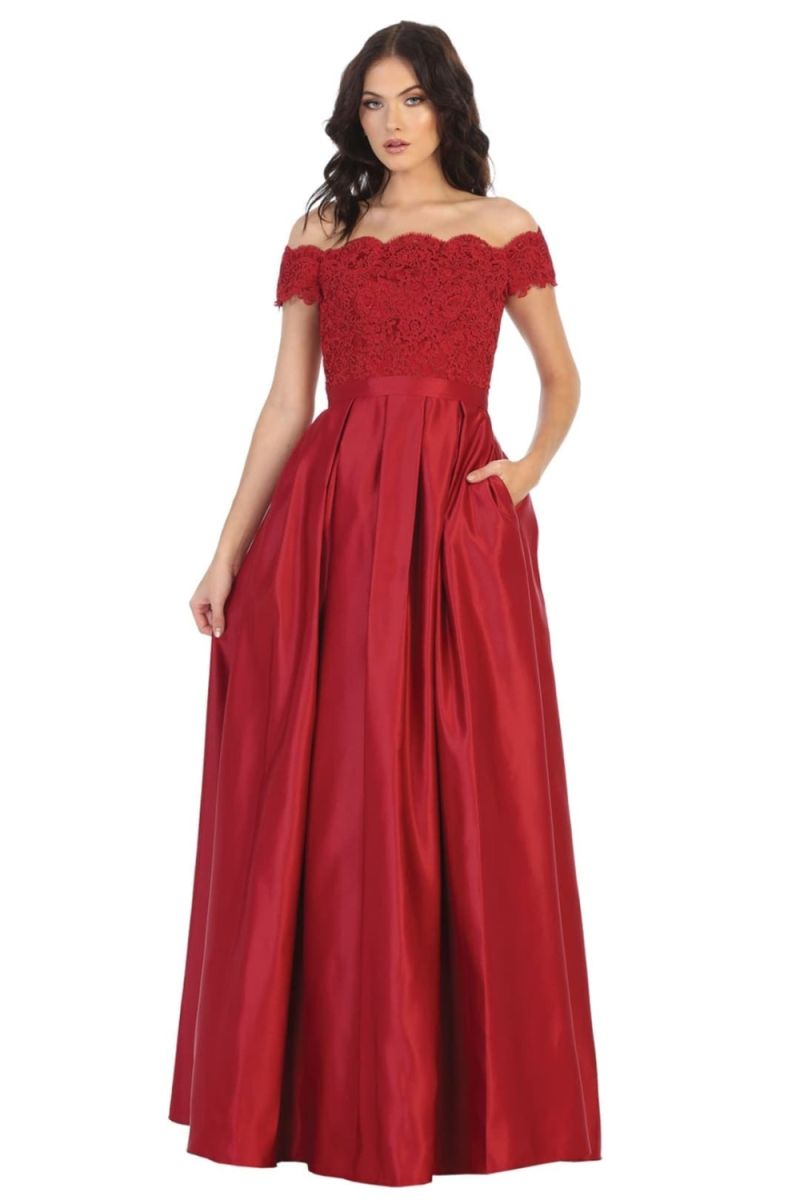 Burgundy Off-the-Shoulder Floor-Length Lace Satin Formal Dress Pockets May Queen MQ1762