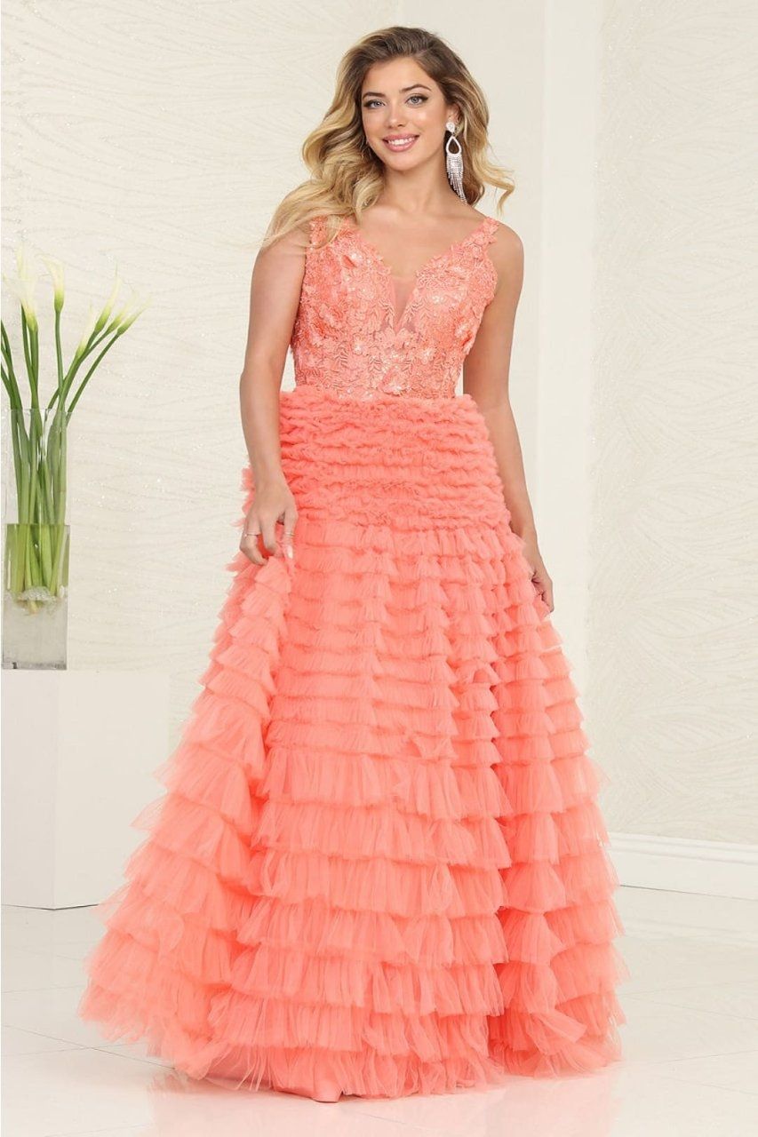 Coral V-Neck Floor-Length Tulle Formal Dress Ruffle May Queen RQ8123
