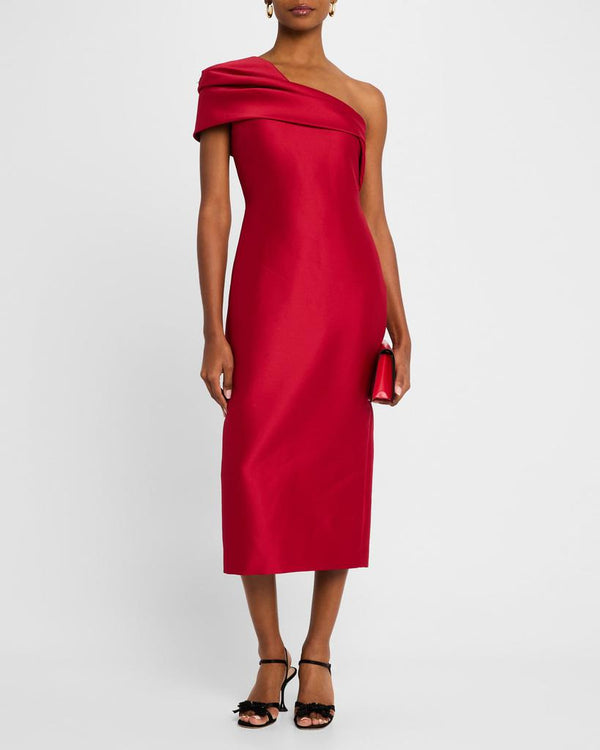 One-Shoulder Midi-Length Satin Formal Sheath Dress Draped Neckline Badgley Mischka SC4316