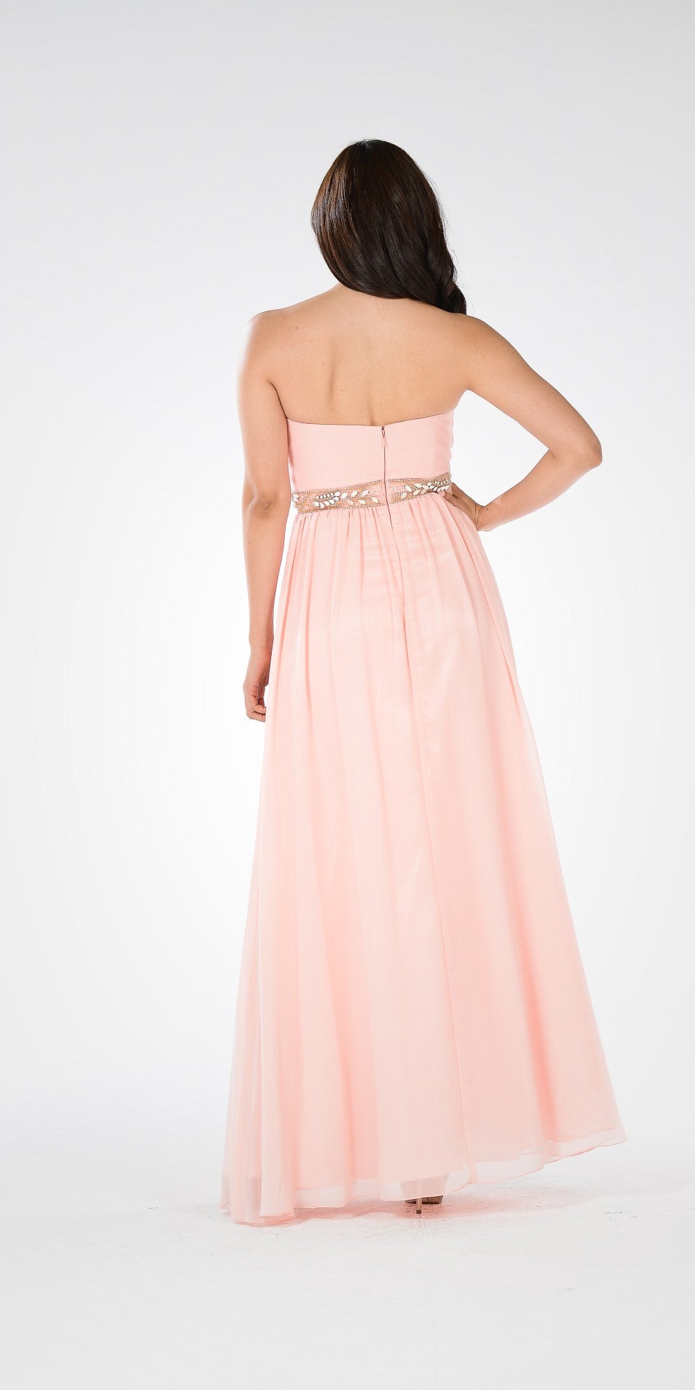 Blush Strapless Floor-Length Chiffon Formal Gown Embellished Waist Poly USA 7698