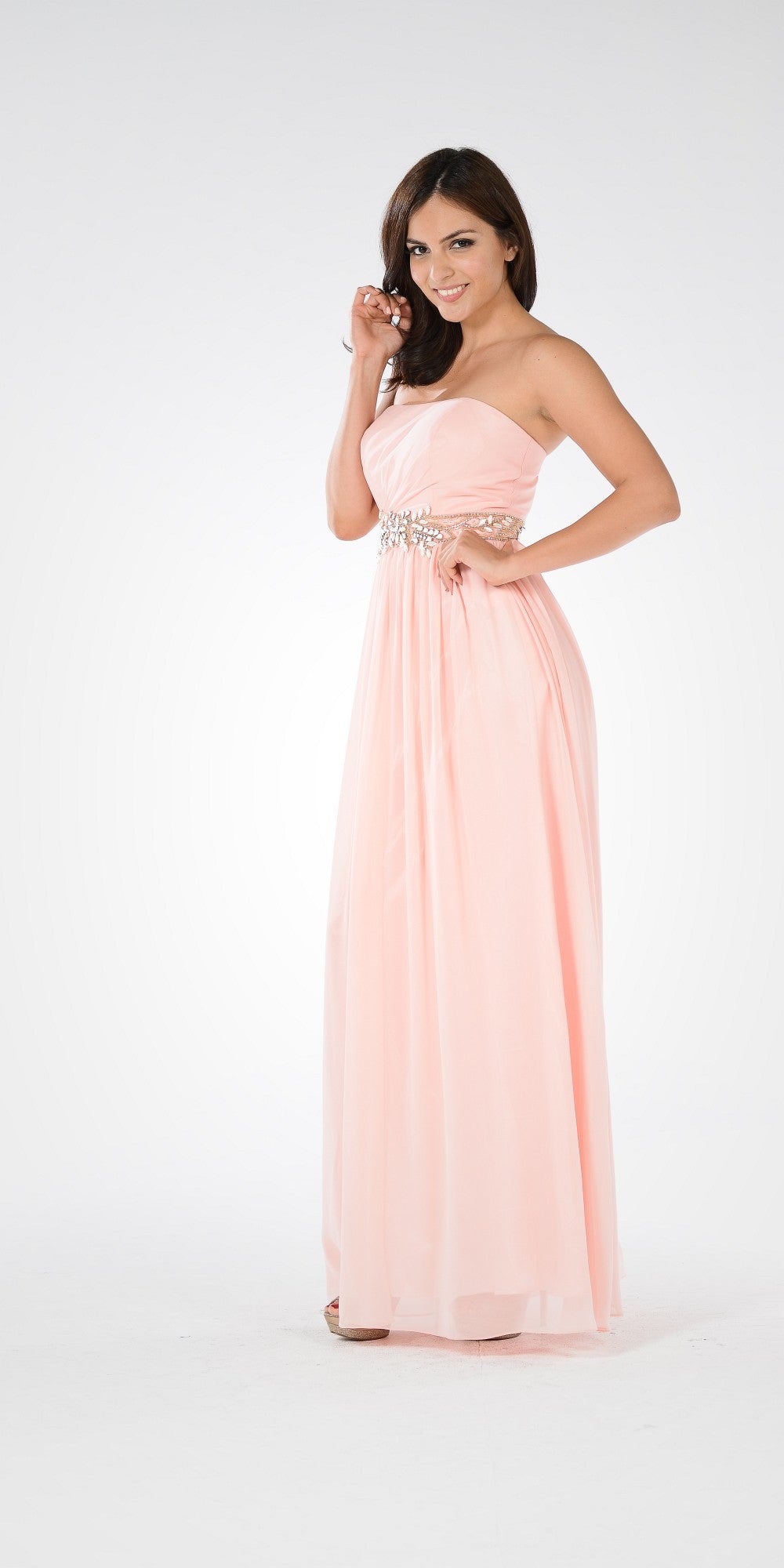 Blush Strapless Floor-Length Chiffon Formal Gown Embellished Waist Poly USA 7698