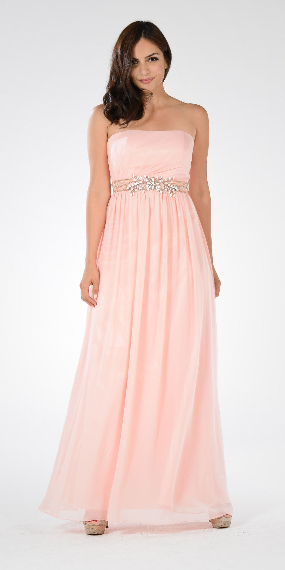 Blush Strapless Floor-Length Chiffon Formal Gown Embellished Waist Poly USA 7698