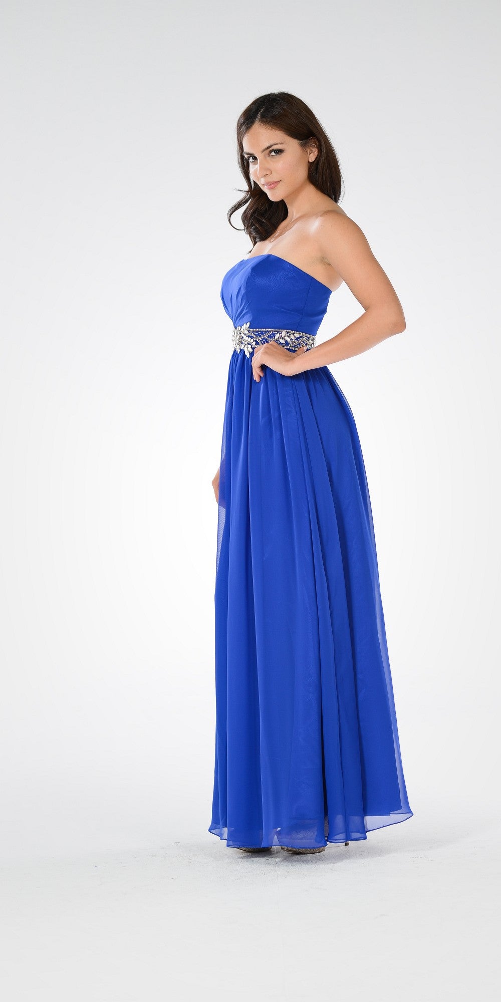 Royal Strapless Floor-Length Chiffon Formal Gown Embellished Waist Poly USA 7698