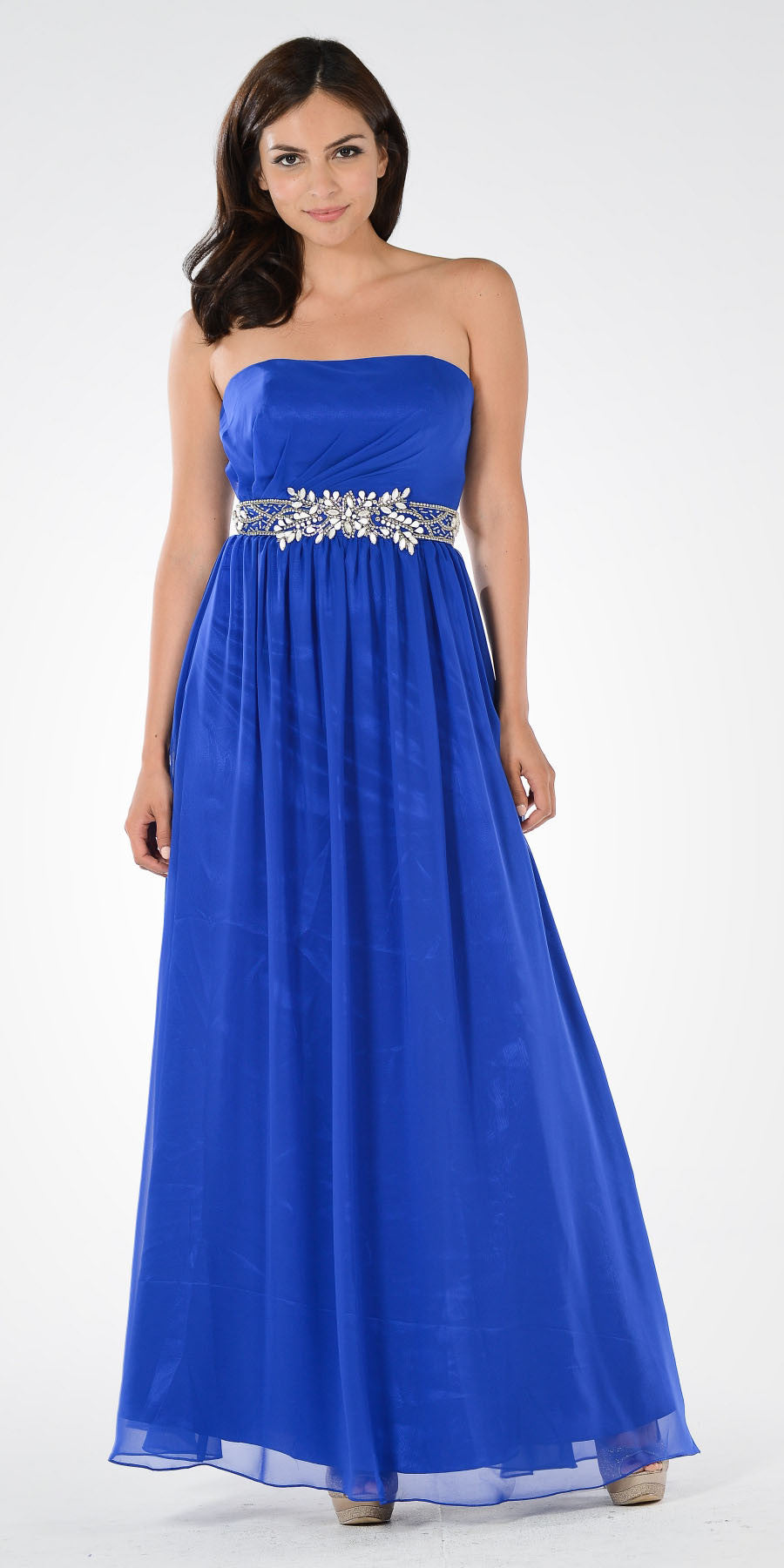 Royal Strapless Floor-Length Chiffon Formal Gown Embellished Waist Poly USA 7698