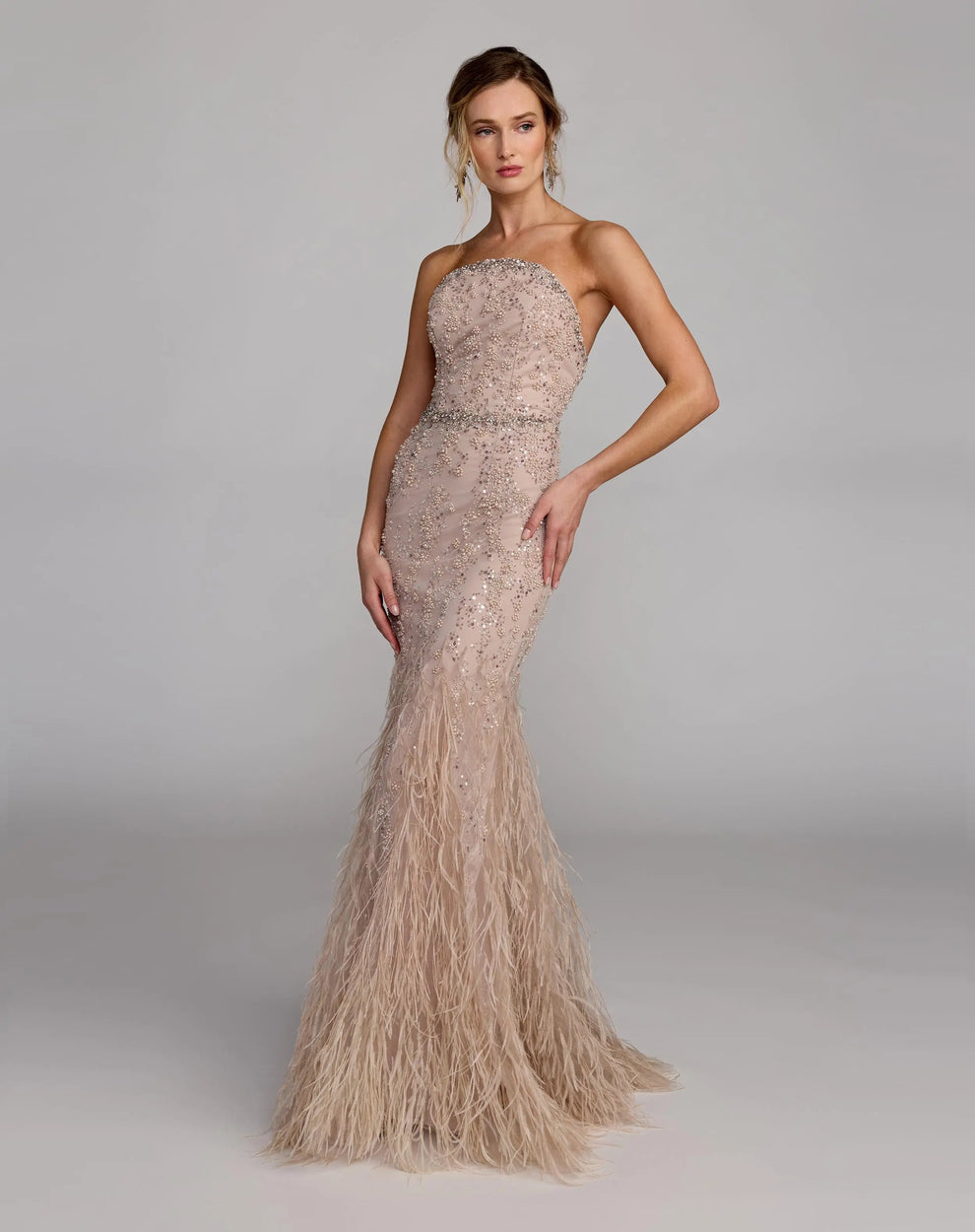 Strapless Beaded Feather Gown by Mac Duggal 77103 in Champagne