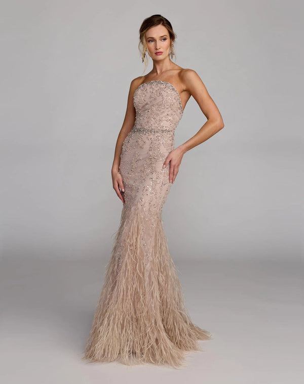 Strapless Beaded Feather Gown by Mac Duggal 77103