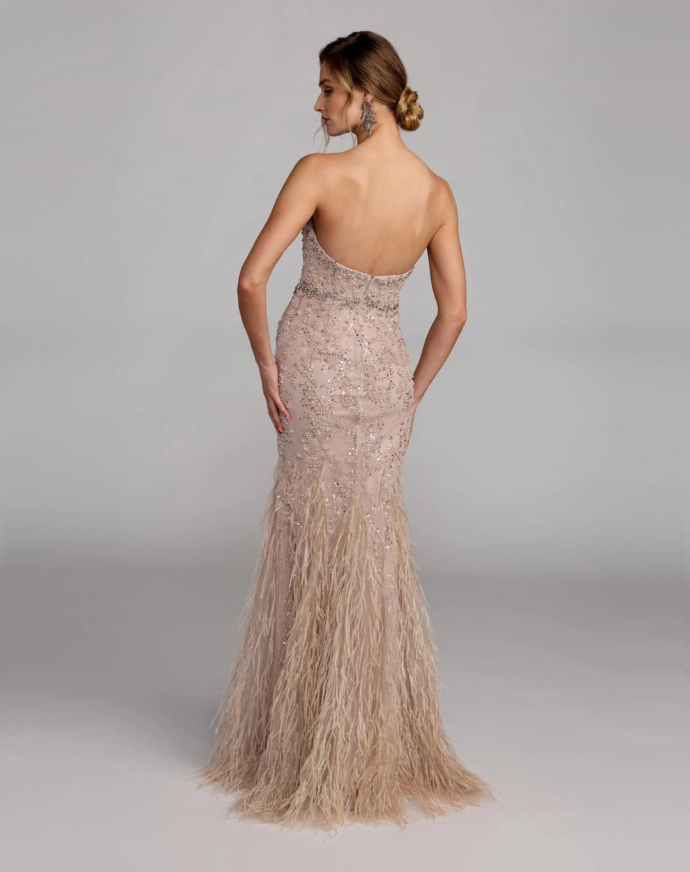 Strapless Beaded Feather Gown by Mac Duggal 77103 in Champagne