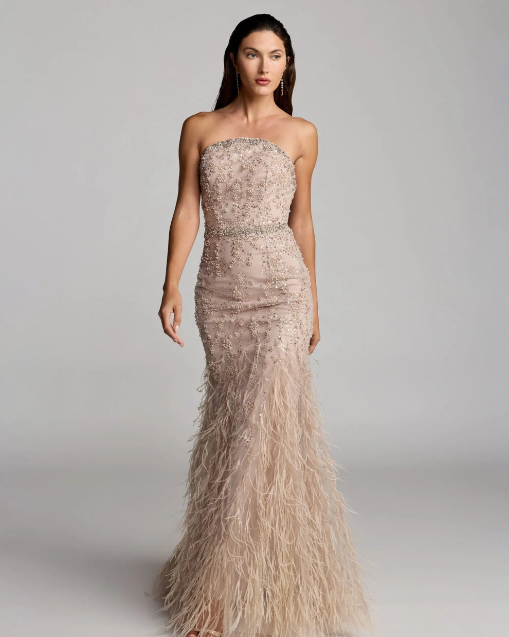 Strapless Beaded Feather Gown by Mac Duggal 77103 in Champagne