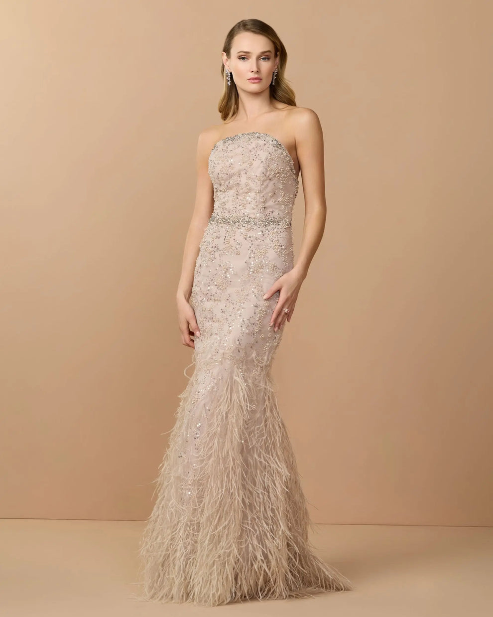 Strapless Beaded Feather Gown by Mac Duggal 77103 in Champagne