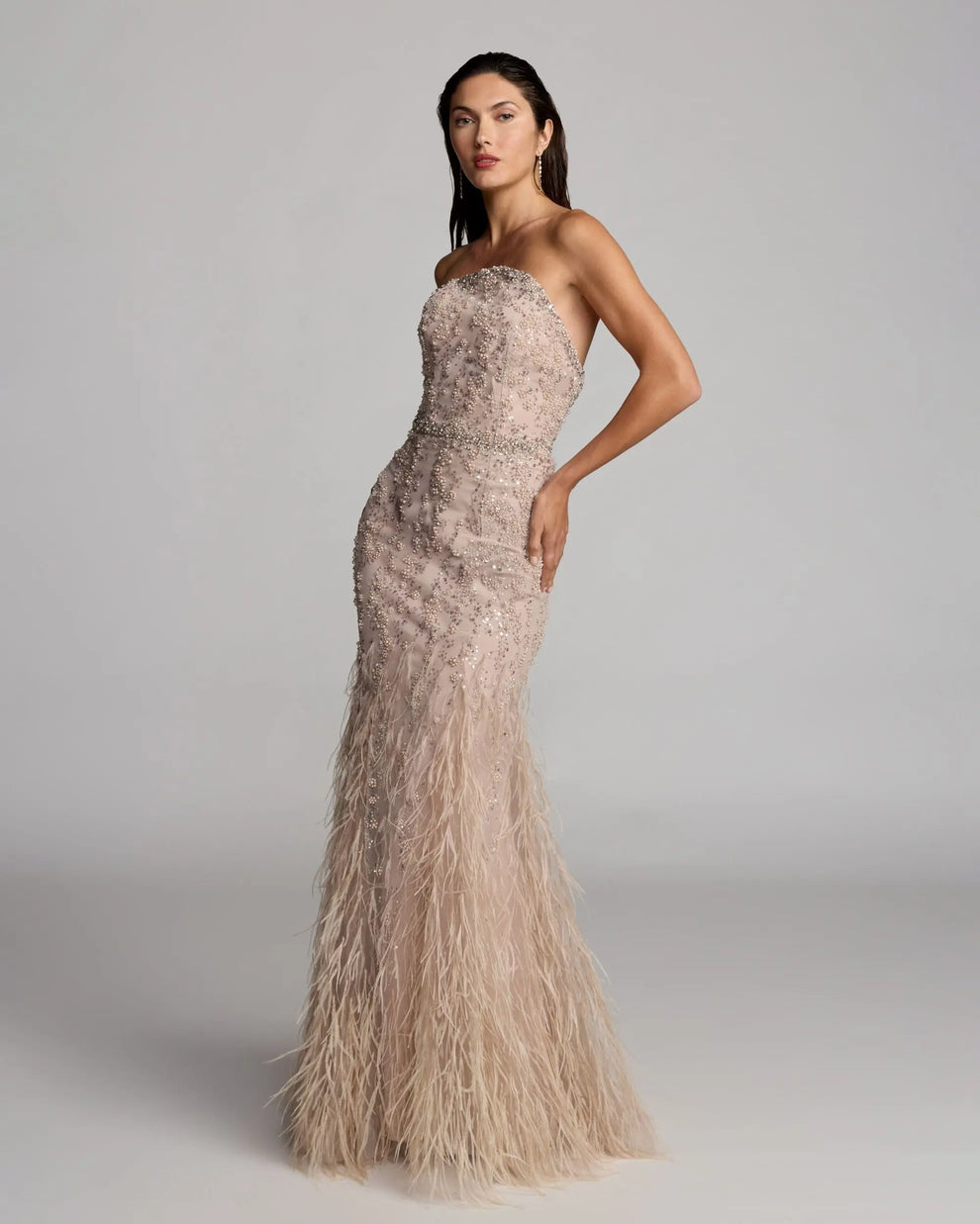 Strapless Beaded Feather Gown by Mac Duggal 77103 in Champagne