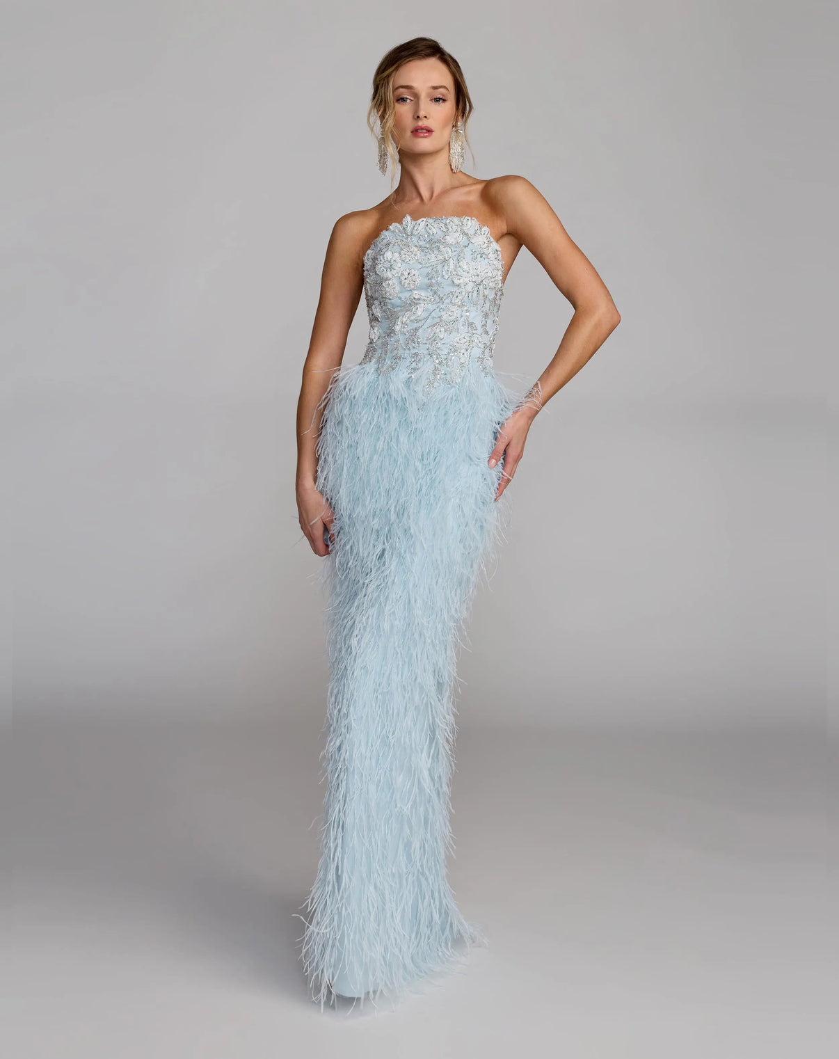 Strapless Feather Formal Gown by Mac Duggal 77107 in Powder Blue