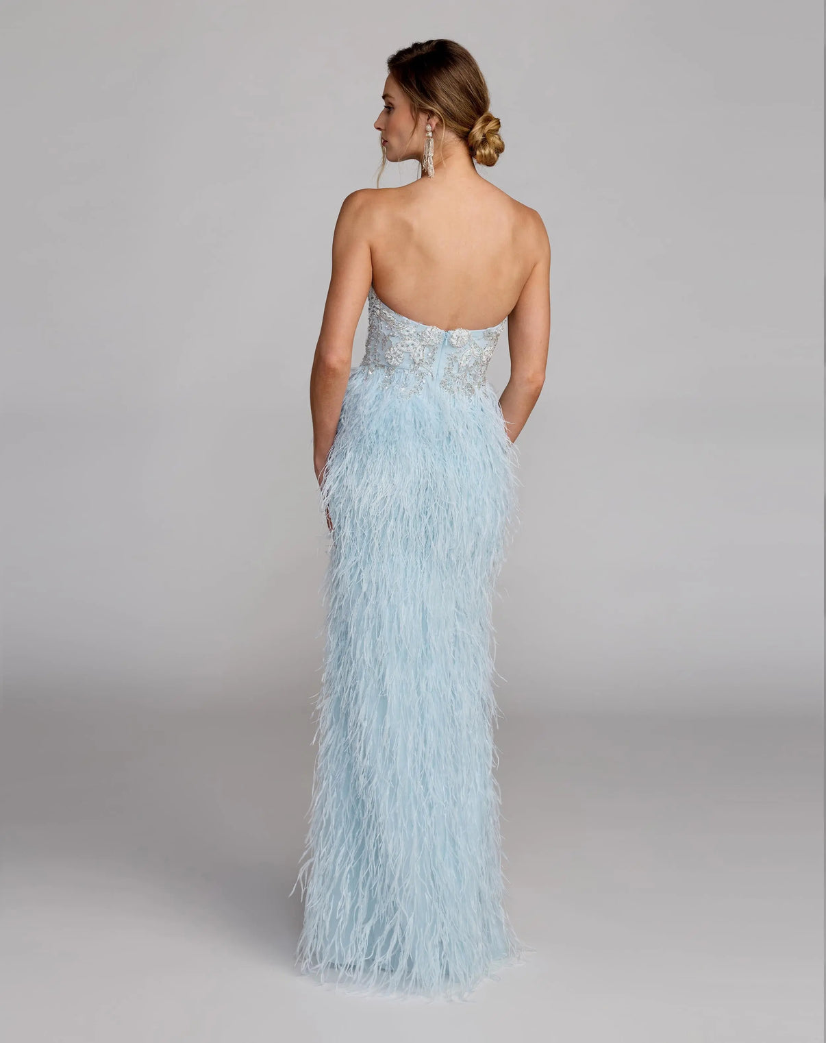 Strapless Feather Formal Gown by Mac Duggal 77107 in Powder Blue