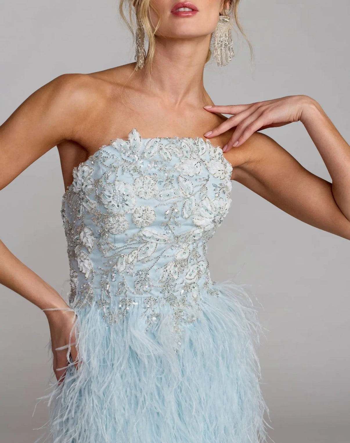 Strapless Feather Formal Gown by Mac Duggal 77107 in Powder Blue