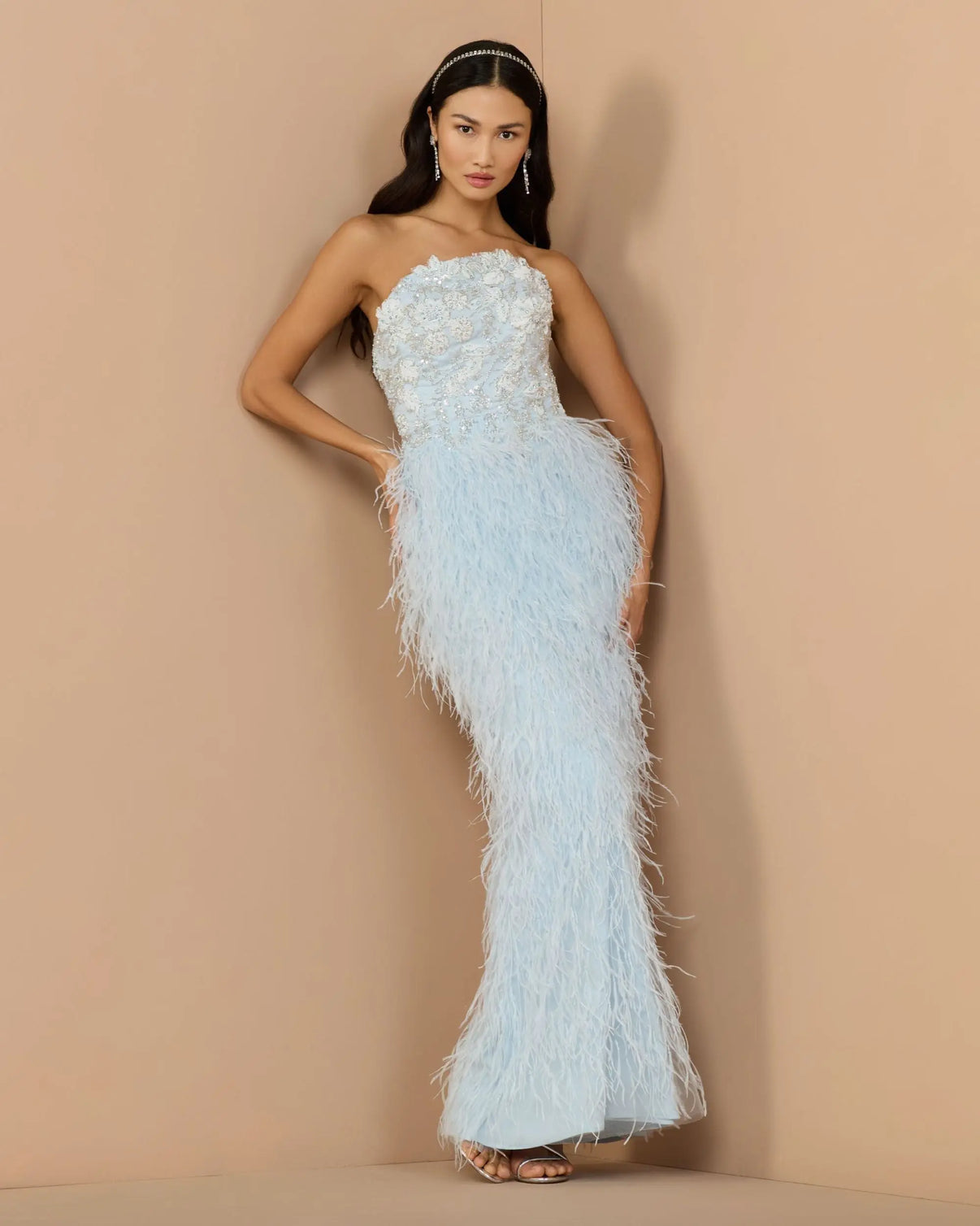 Strapless Feather Formal Gown by Mac Duggal 77107 in Powder Blue