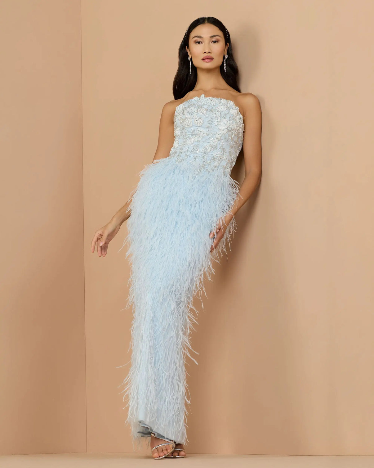 Strapless Feather Formal Gown by Mac Duggal 77107 in Powder Blue