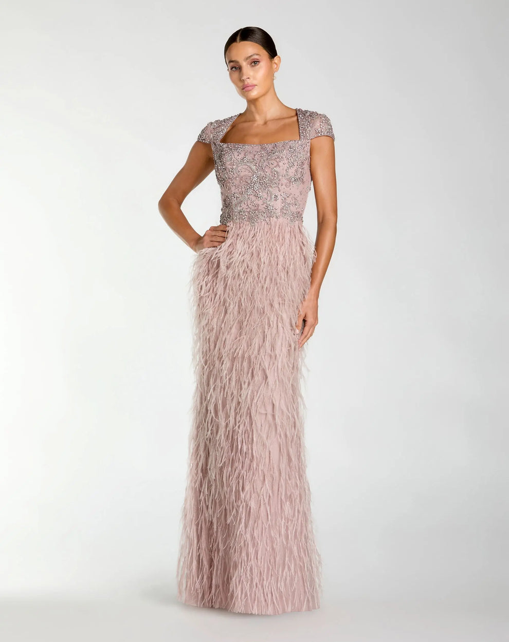 Mocha Square Neck Floor-Length Embellished Lace Formal Gown with Feathered Skirt Mac Duggal 77109