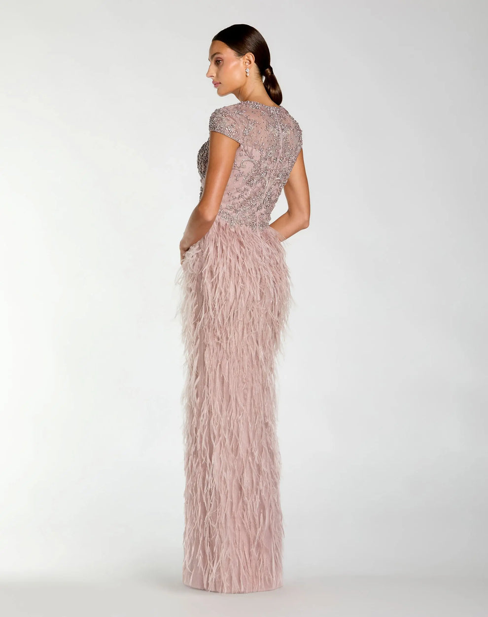 Mocha Square Neck Floor-Length Embellished Lace Formal Gown with Feathered Skirt Mac Duggal 77109