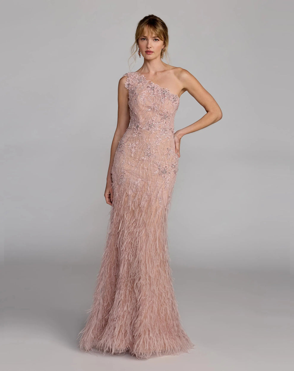 Vintage Lilac One-Shoulder Floor-Length Embellished Lace Formal Gown with Feathered Mac Duggal 77112
