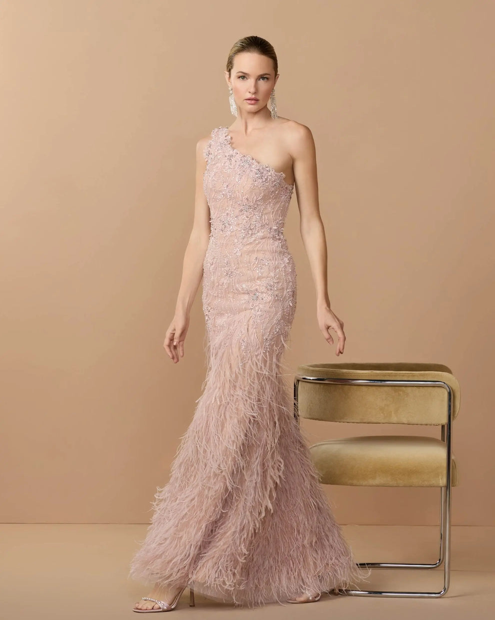 Vintage Lilac One-Shoulder Floor-Length Embellished Lace Formal Gown with Feathered Mac Duggal 77112