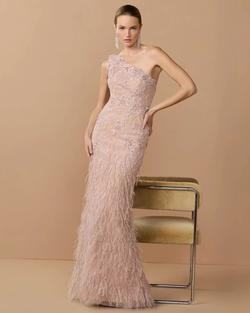 Vintage Lilac One-Shoulder Floor-Length Embellished Lace Formal Gown with Feathered Mac Duggal 77112