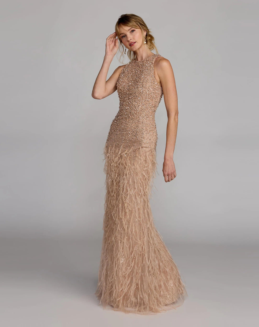 Porcelain Jewel Floor-Length Embellished Mesh Formal Gown with Feathered Skirt Mac Duggal 77114
