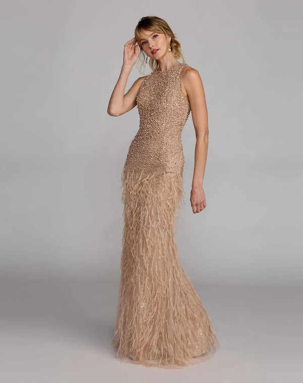 Jewel Floor-Length Embellished Mesh Formal Gown with Feathered Skirt Mac Duggal 77114