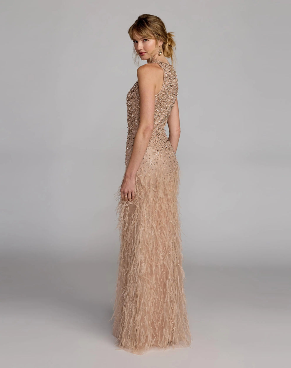 Porcelain Jewel Floor-Length Embellished Mesh Formal Gown with Feathered Skirt Mac Duggal 77114