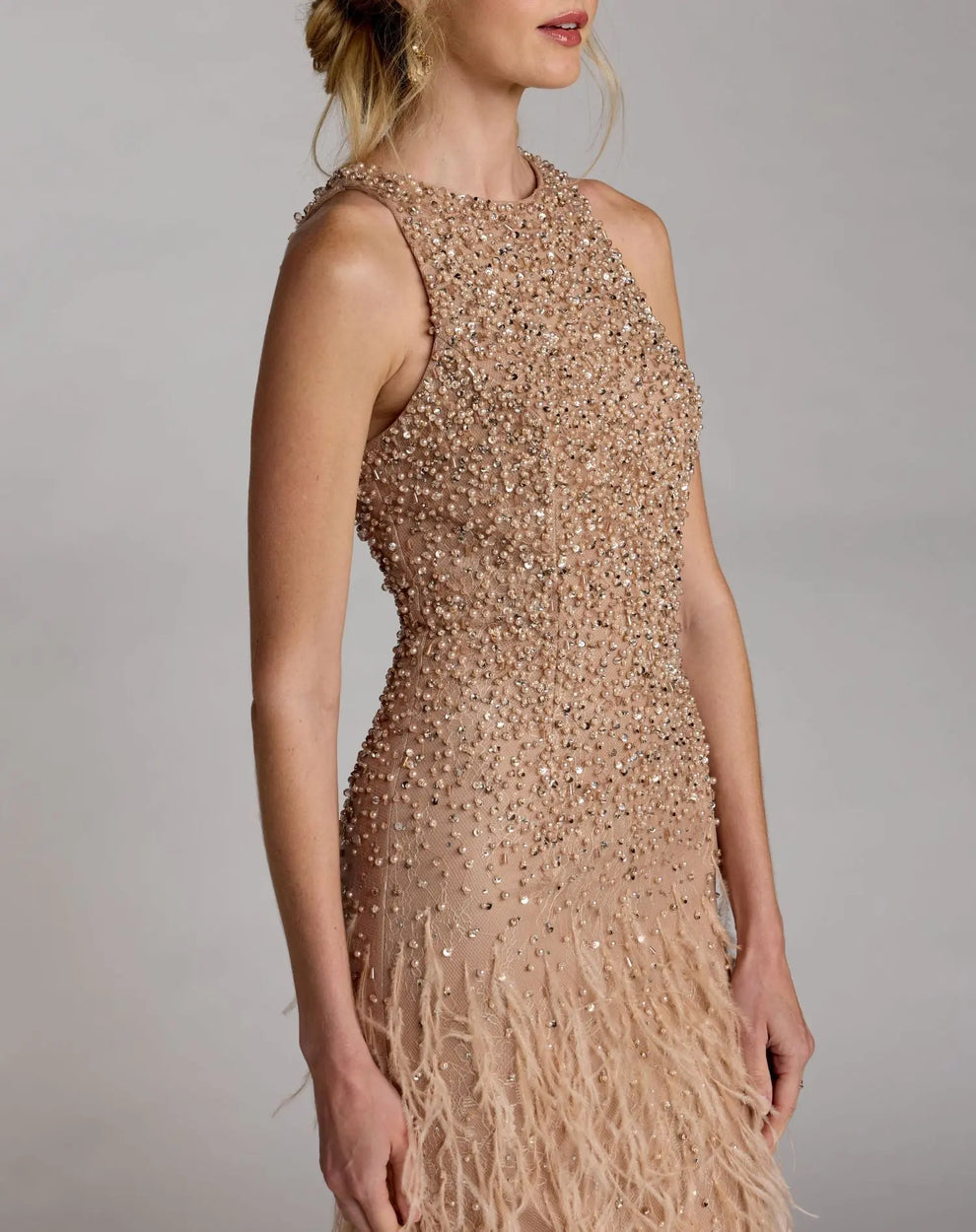 Porcelain Jewel Floor-Length Embellished Mesh Formal Gown with Feathered Skirt Mac Duggal 77114