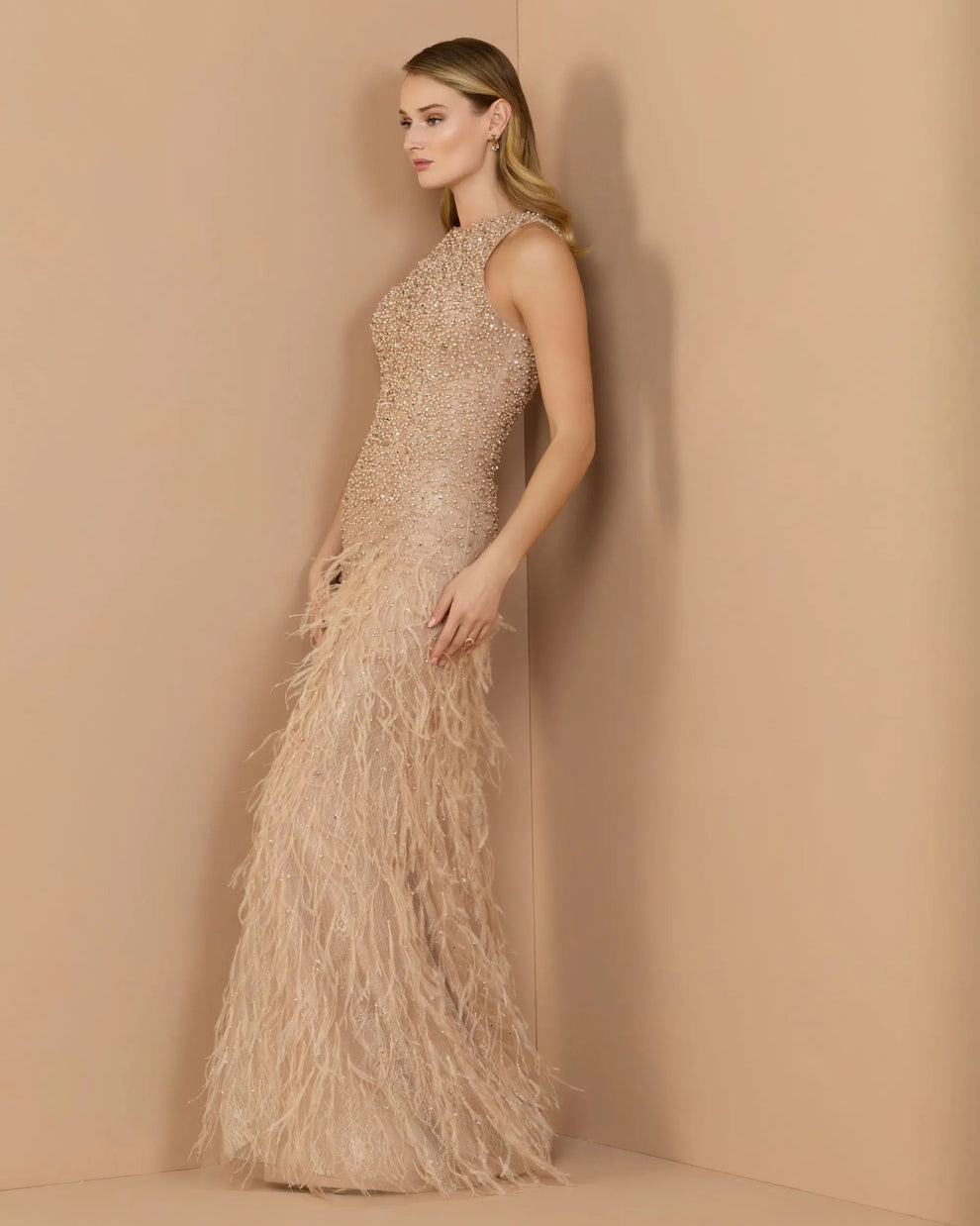 Porcelain Jewel Floor-Length Embellished Mesh Formal Gown with Feathered Skirt Mac Duggal 77114