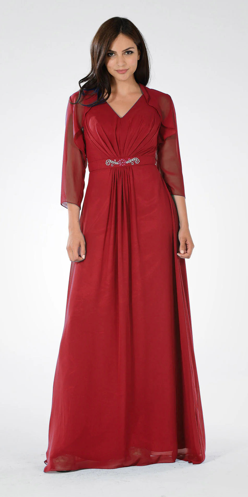 Burgundy V-Neck Floor-Length Chiffon Mother of the Bride A-Line Gown with Bolero Jacket Poly USA 7770