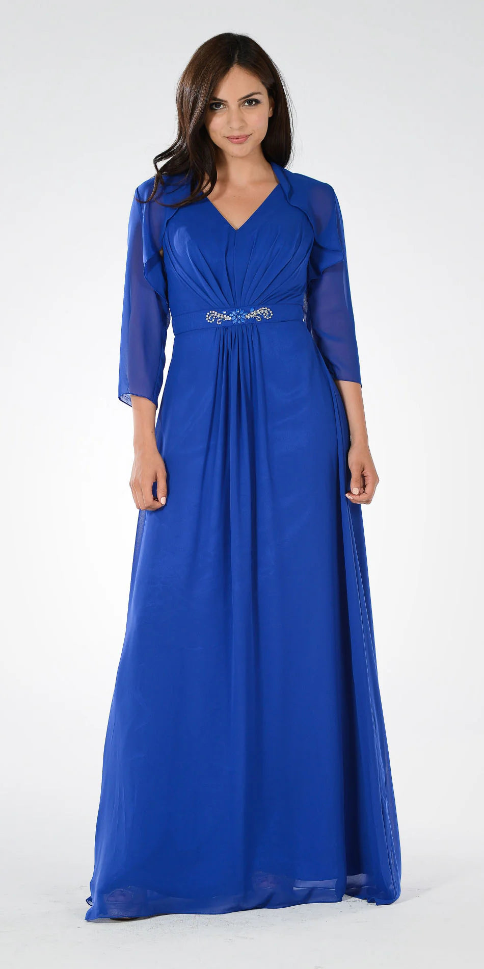 V-Neck Floor-Length Chiffon Mother of the Bride A-Line Gown with Bolero Jacket Poly USA 7770