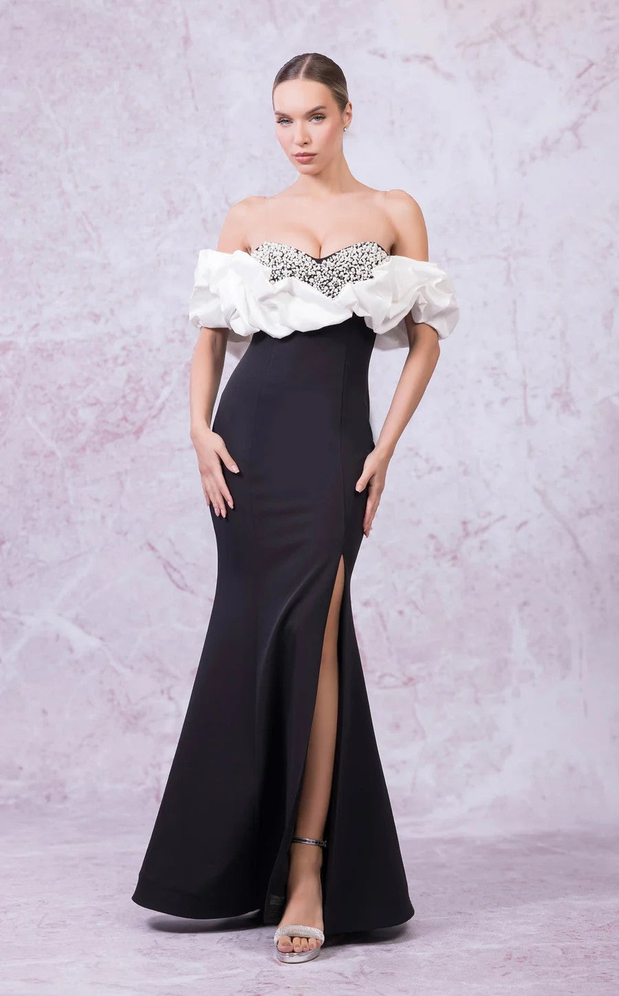 Prom Dresses Fitted Slit Long Formal Prom Mermaid Dress Black/White
