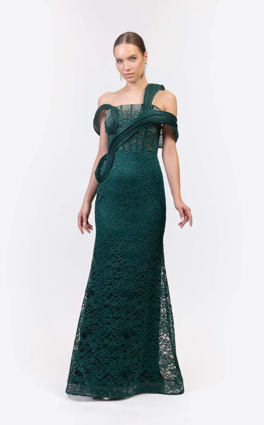 Odrella 7834 Beaded Corset Long Formal Lace Prom Dress
