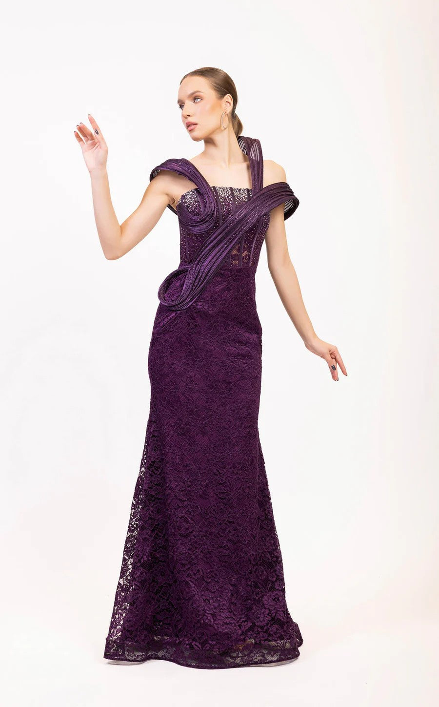 Odrella 7834 Beaded Corset Long Formal Lace Prom Dress