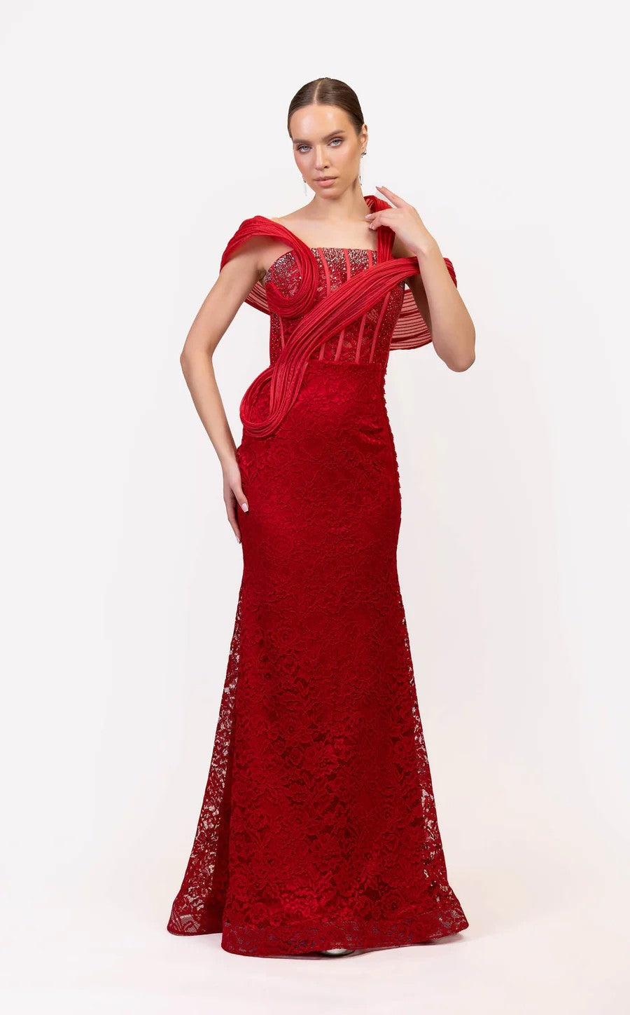 Odrella 7834 Beaded Corset Long Formal Lace Prom Dress
