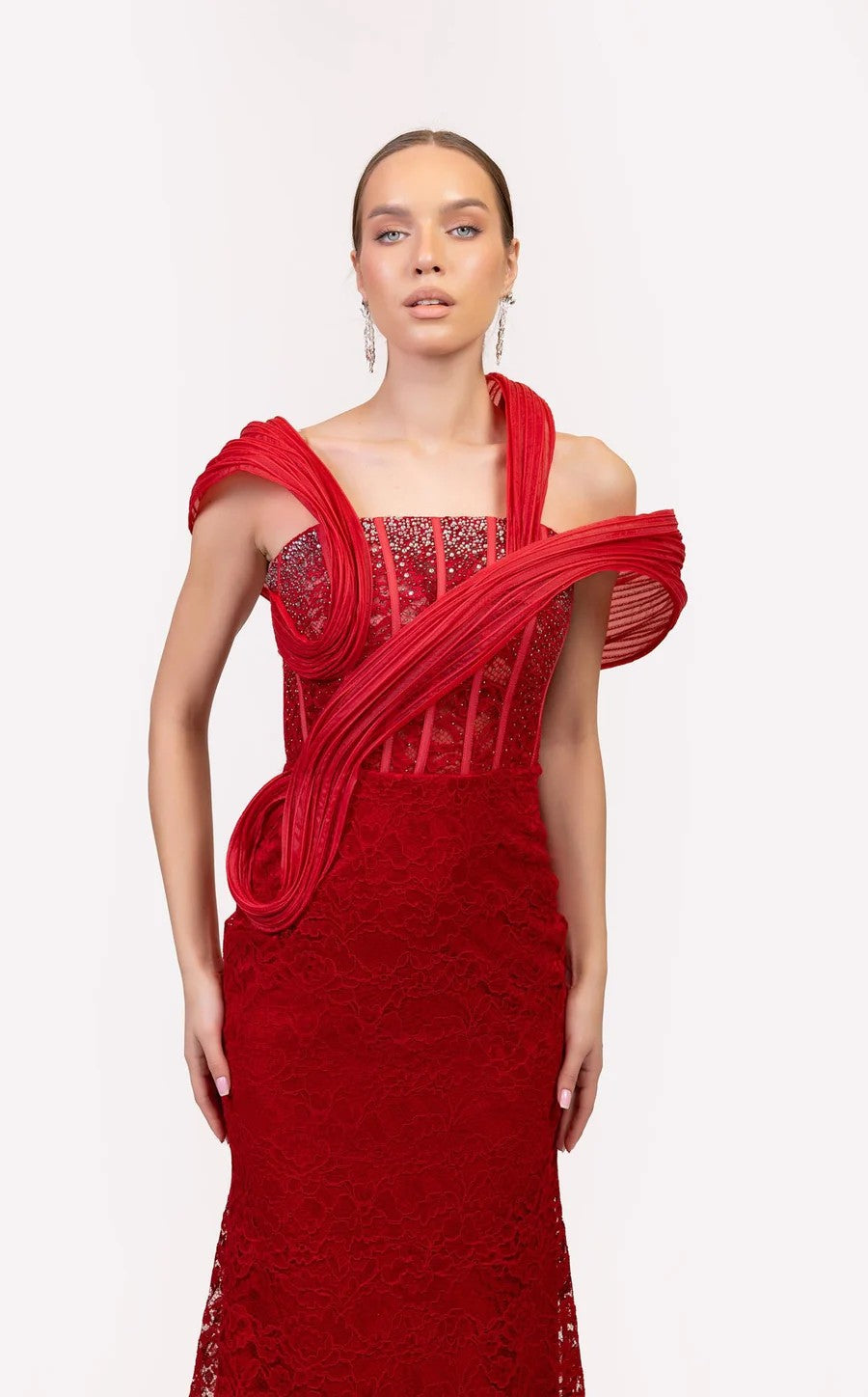 Odrella 7834 Beaded Corset Long Formal Lace Prom Dress