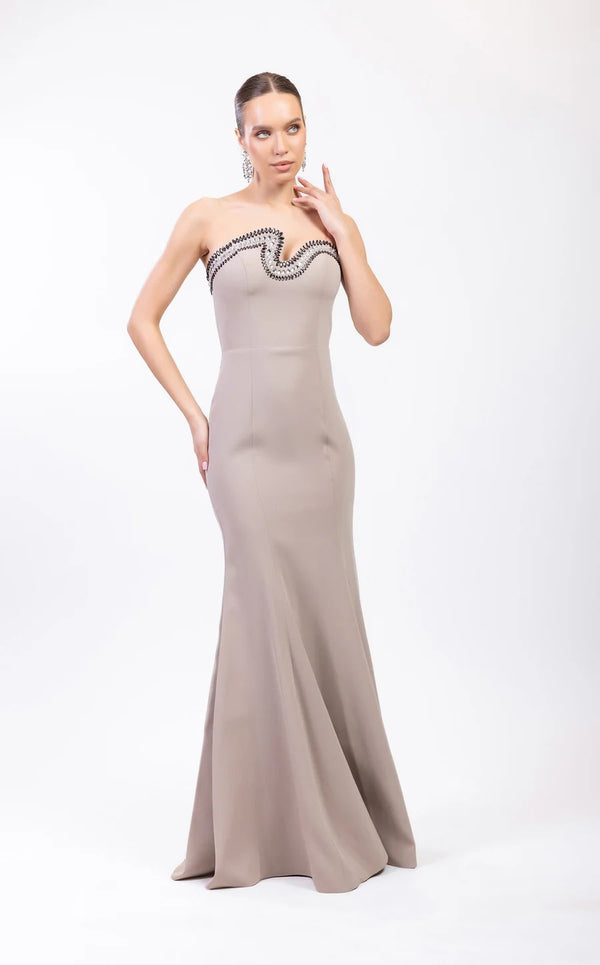 Odrella 7859 Long Fitted Formal Beaded Prom Dress