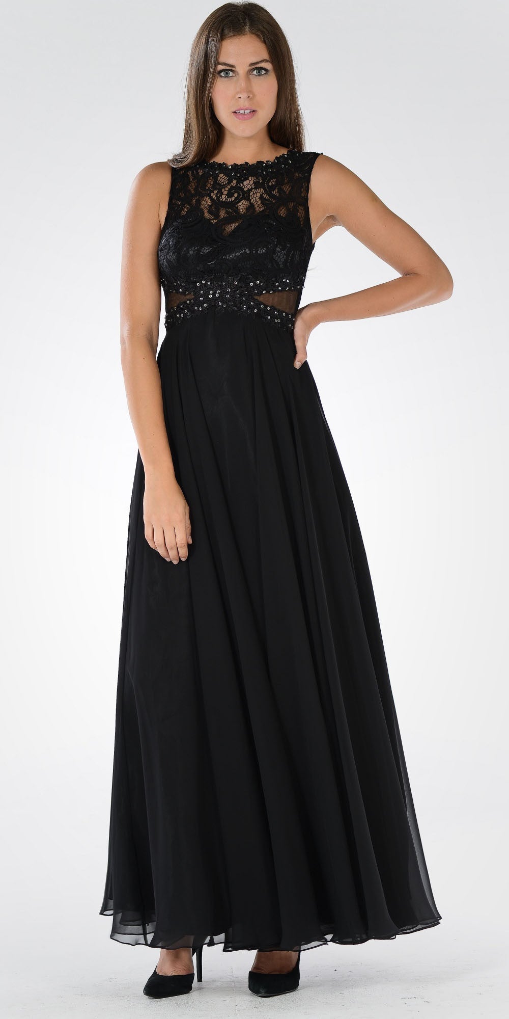 Illusion Floor-Length Lace Formal A-Line Poly USA 7868