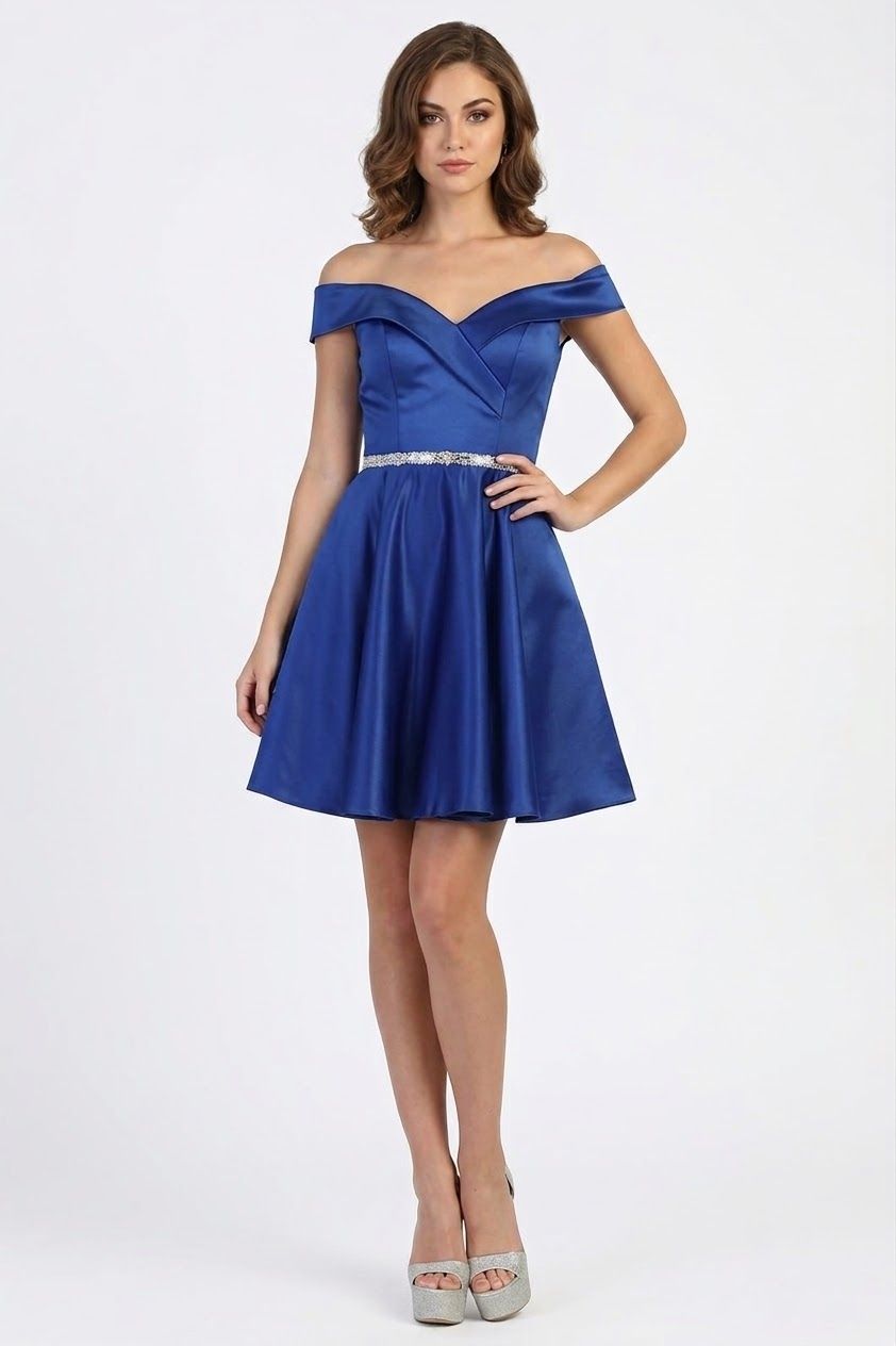 Royal Off-Shoulder Short Satin Cocktail Dress Rhinestone May Queen MQ1815