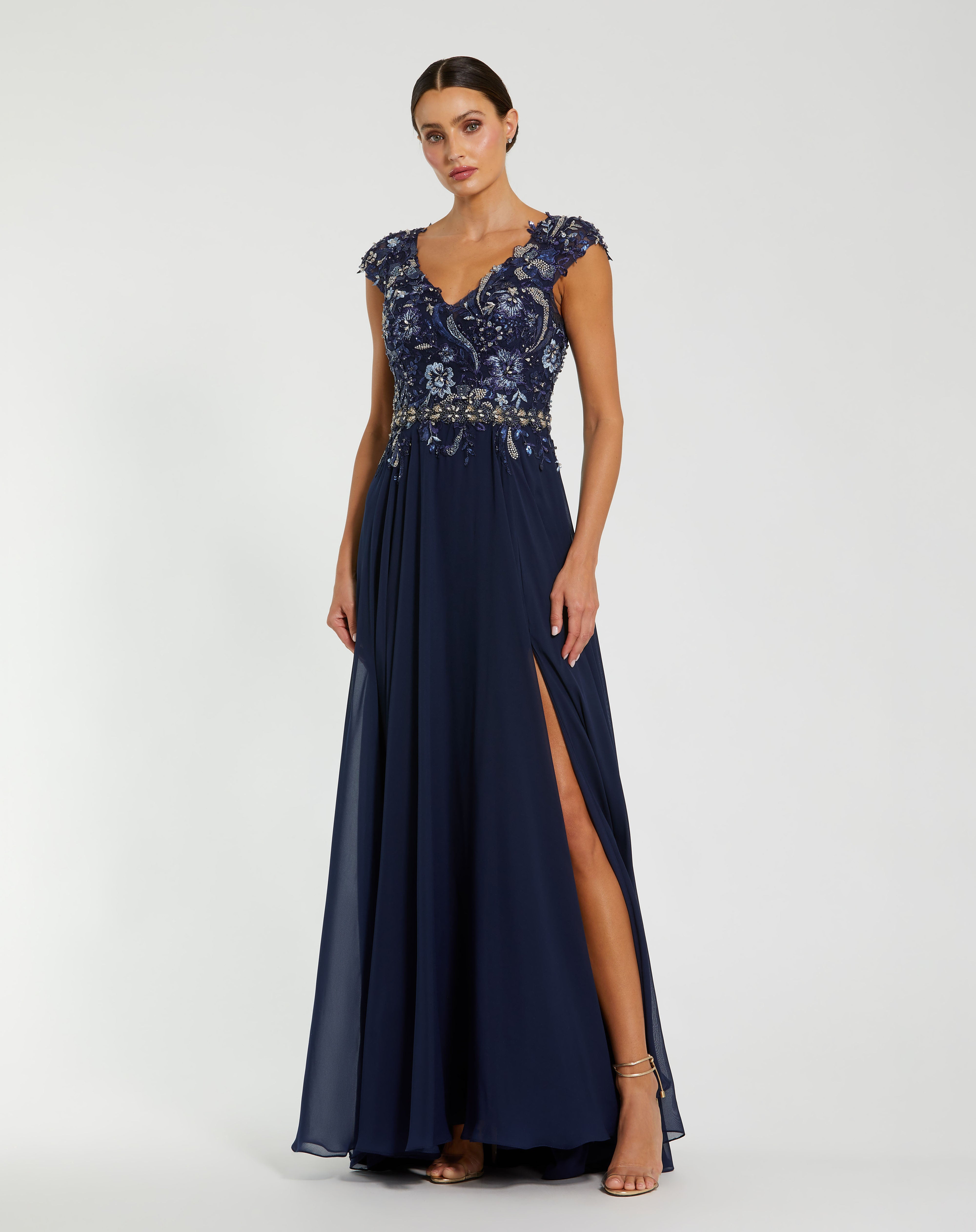 Mac Duggal 79365 Long Cap Sleeve Chiffon Formal Gown