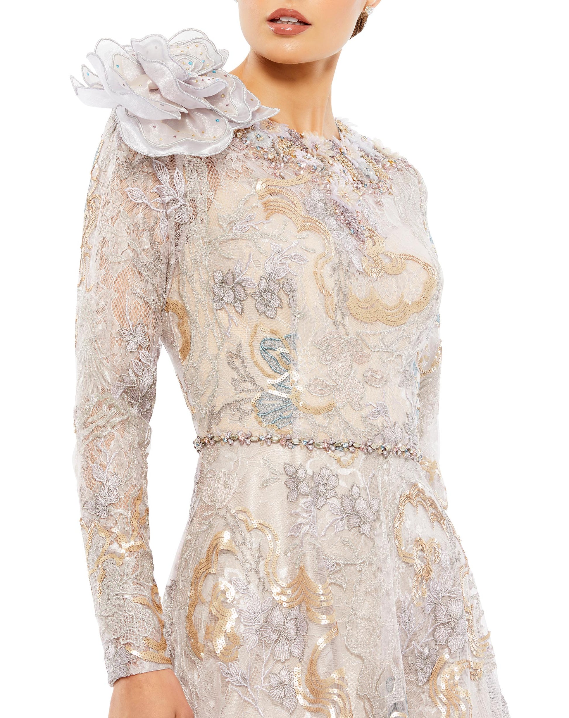 Mac Duggal 79374 Long Sleeve 3D Floral Prom Formal Dress