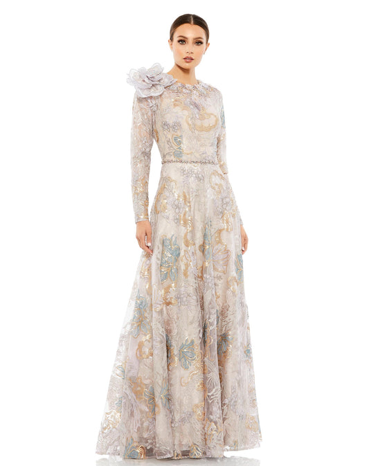 Prom Dresses Long Sleeve 3D Floral Prom Formal Dress Multi