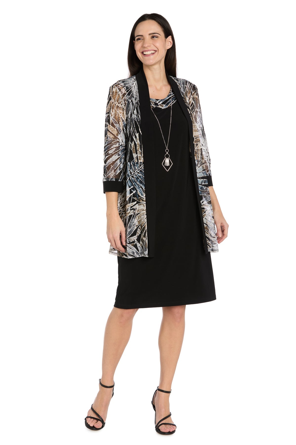 Black R&M Richards 7953PA Round Neck Knee-Length Printed Cocktail Jacket Dress